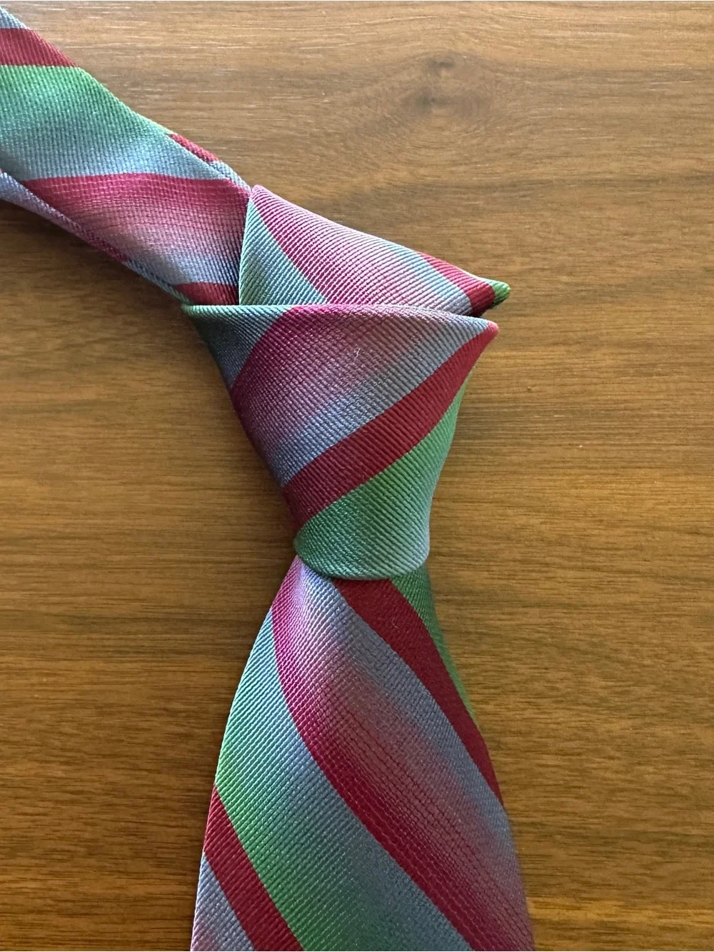 Paul Stuart Striped Tie in Burgundy, Green & Slate Blue